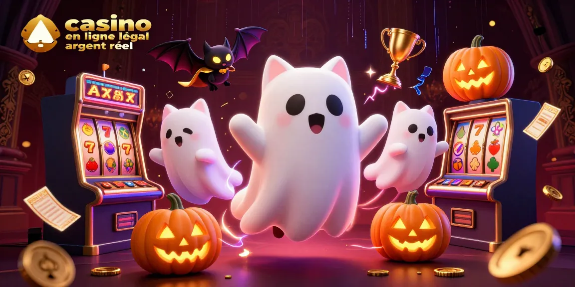 Jouer sur un casino en ligne légal avec de l'argent réel avec un chat fantôme et un vampire, entourés de machines à sous.