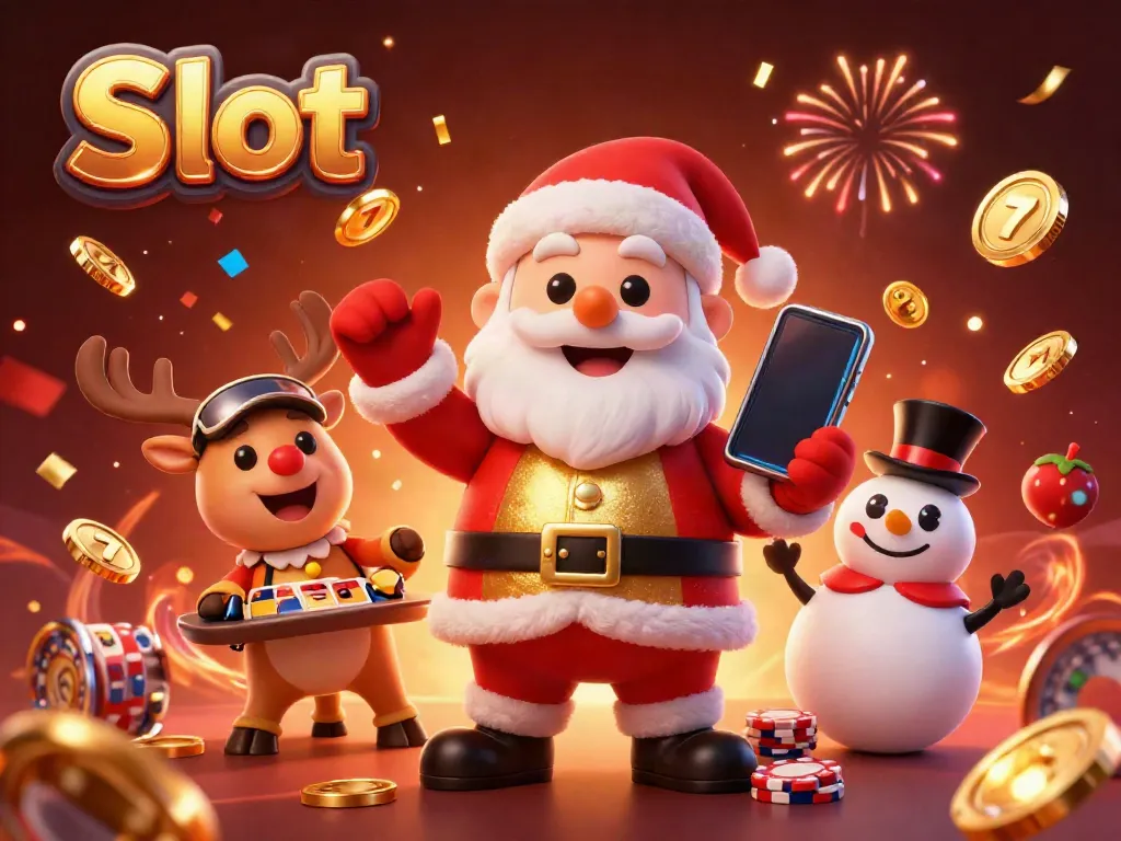 Slot menggambarkan karakter Santa, rusa, dan manusia salju yang merayakan dengan slot simbol dan koin emas.
