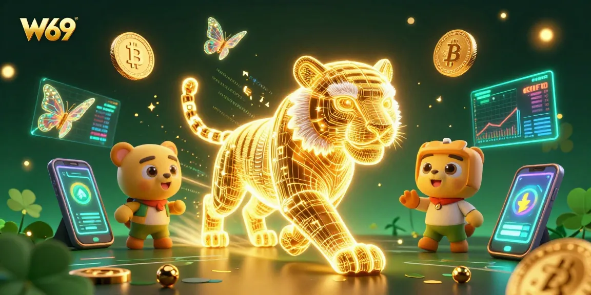 Experience thrilling action at W69 casino with vibrant neon visuals and crypto elements.