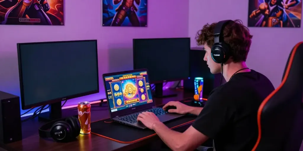 Permainan slot online di https://farming.goldsilvercoindealernewyorkcity.com/ dengan pemain terfokus menggunakan laptop dan headset gaming, suasana ceria.