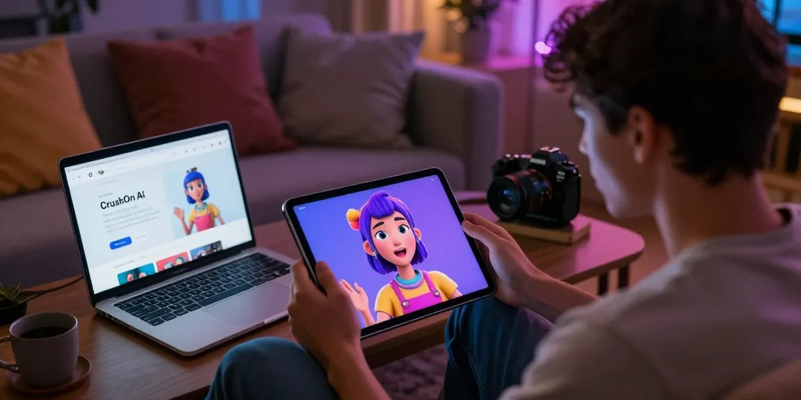 Immersive ai chat nsfw interaction in a cozy setting with a virtual character on-screen and tablet.