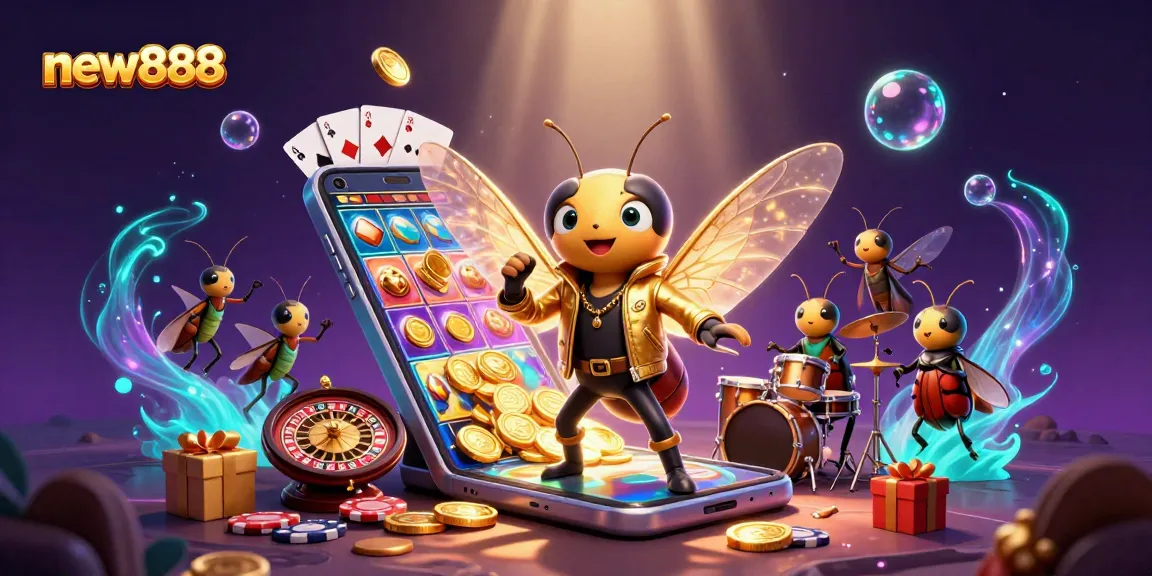 Experience the thrill of new888 with a vibrant casino scene featuring animated characters and dynamic game elements.