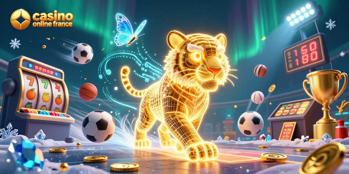 La scène animée du casino en ligne France avec un tigre lumineux et des éléments de jeux.