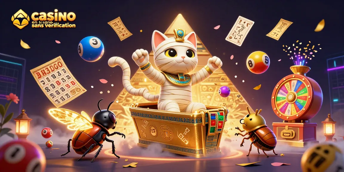 Gagnez au casino en ligne sans vérification avec une illustration dynamique de jeux et de personnages mystérieux.