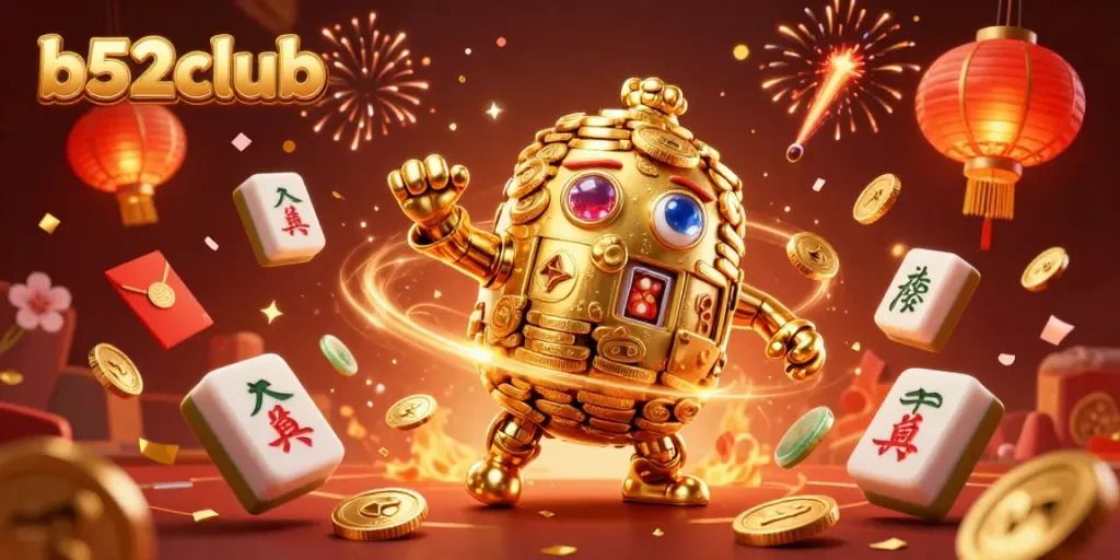 Engage with the vibrant world of b52club through a dynamic casino scene featuring a golden golem amidst festive decorations.