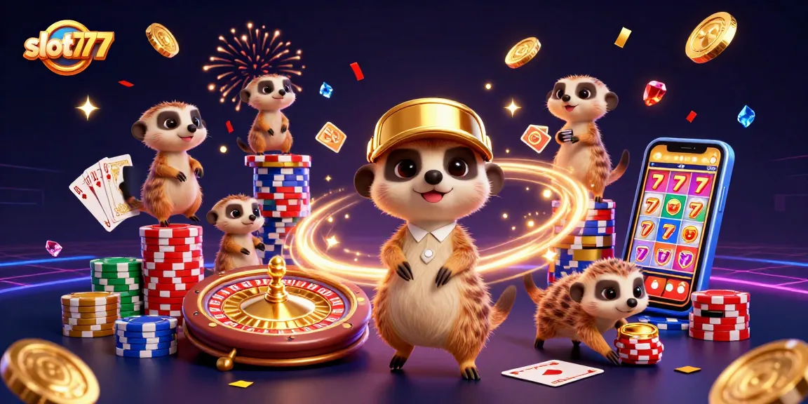 Experience the excitement of slot777 with meerkats managing a vibrant casino in this 3D illustration.