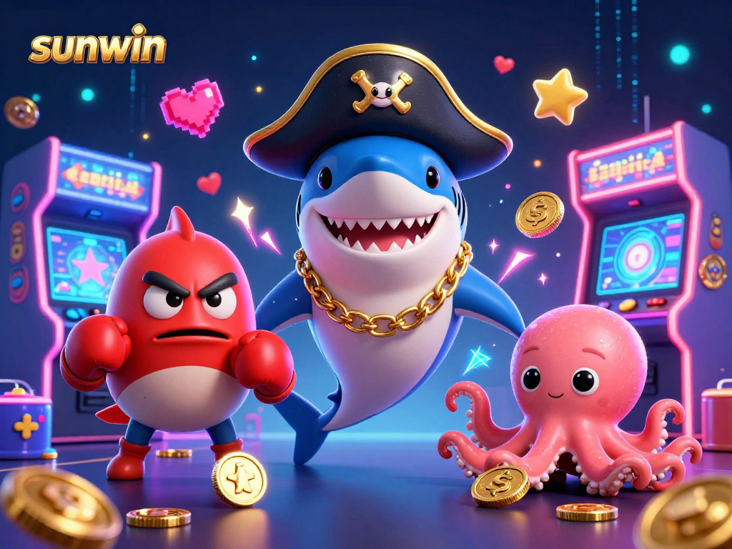 Win jackpots with sunwin in an engaging casino scene featuring cartoon characters and arcade elements.