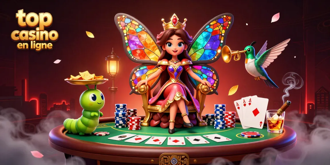 Illustration dynamique au meilleur casino en ligne avec une reine papillon 3D et des éléments de poker.