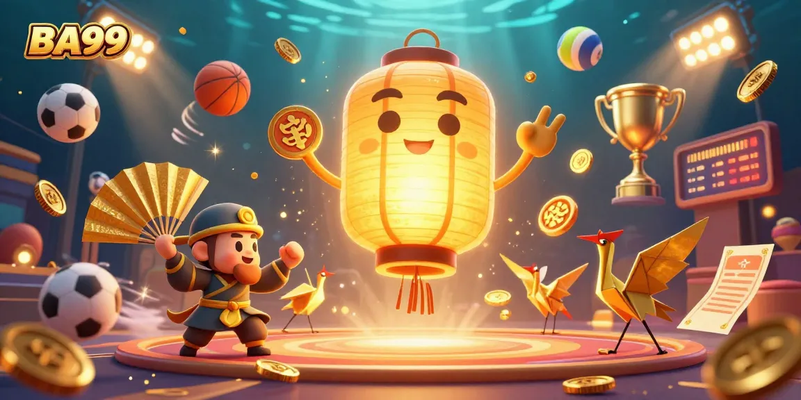 Experience the vibrant universe of BA99 with an animated golden lantern spirit and dynamic sports elements in an enriching casino illustration.