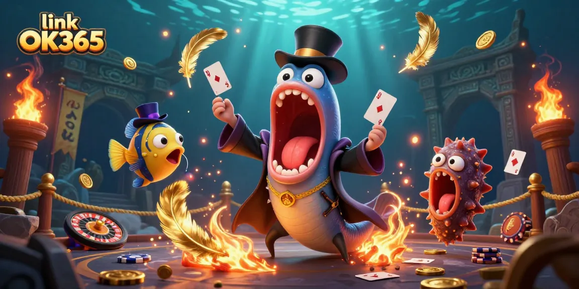 Engage in winning strategies with link OK365 at an exciting online casino scene featuring vibrant characters.