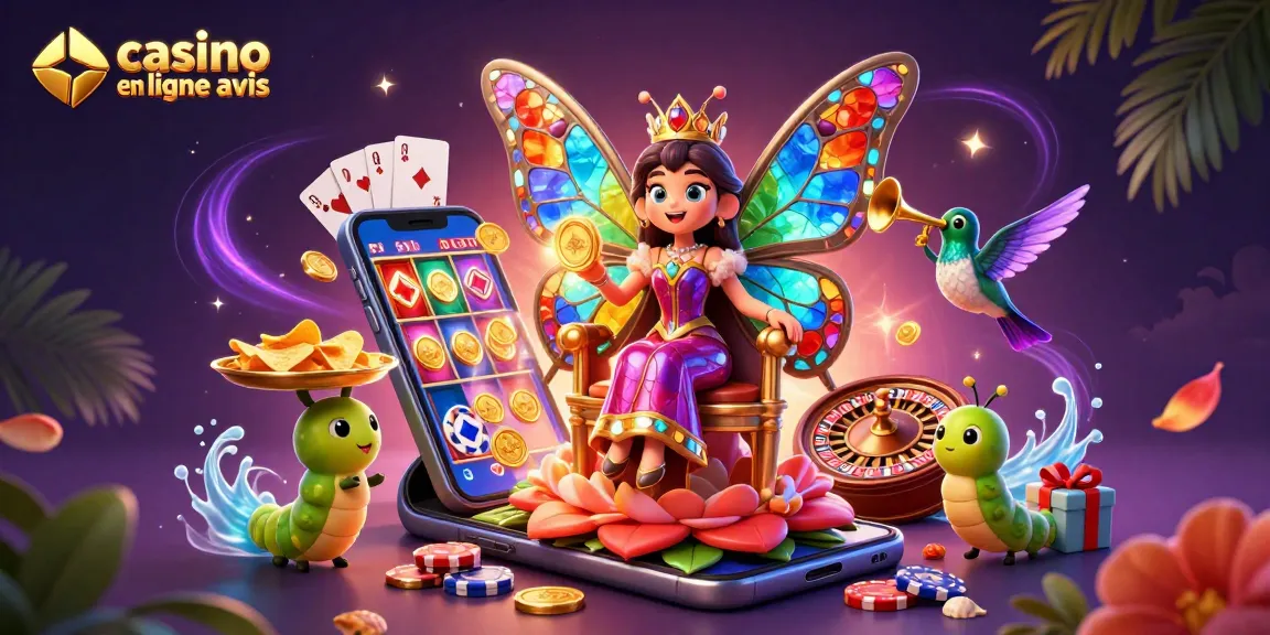 Casinos en ligne avis : découvrez une illustration dynamique avec une reine papillon et des éléments de jeu.