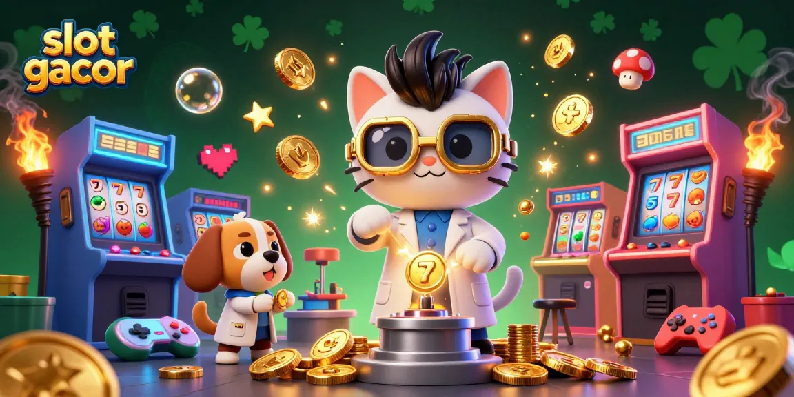 Slot gacor menampilkan kucing ilmuwan gila dan anjing lab dengan mesin koin emas dan latar belakang kasino.