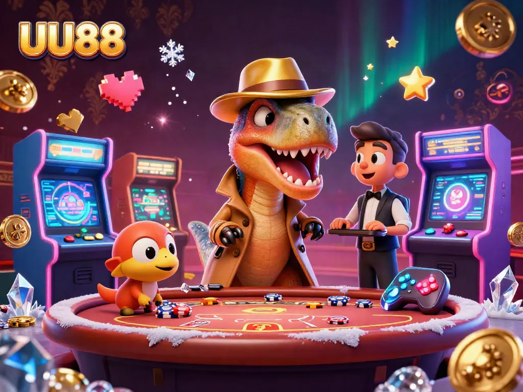 Join the fun at UU88 while a velociraptor card counter navigates a blackjack table, intriguing bets!