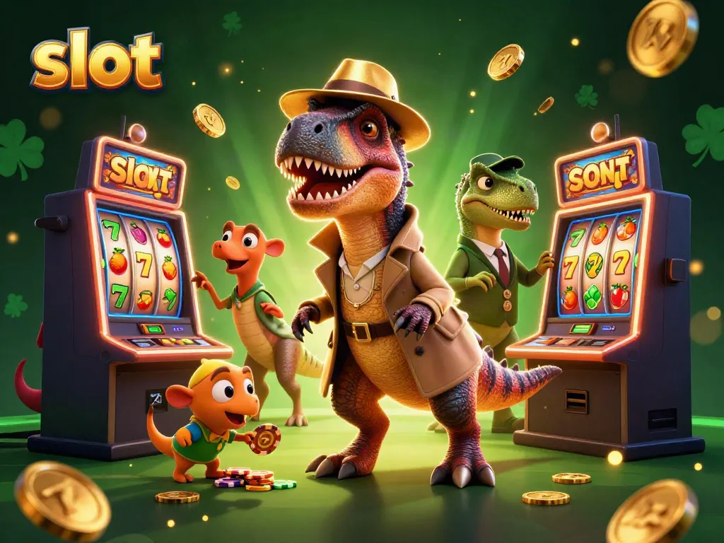 Exciting slot scene with a velociraptor counter and a stegosaurus pit boss amidst spinning reels and golden coins.