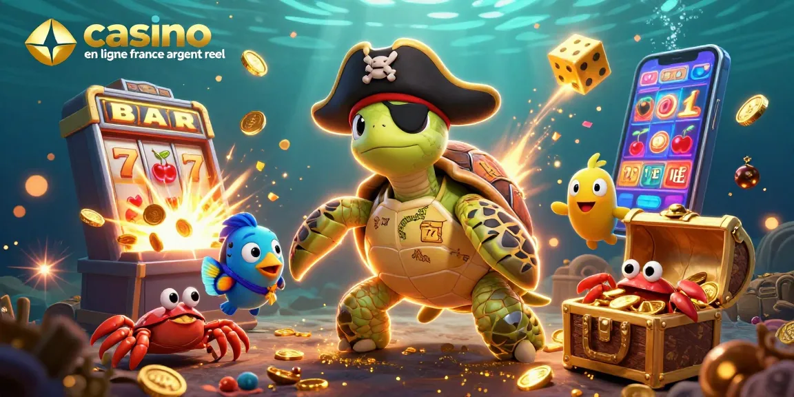 Jouez au casino en ligne France argent réel avec un pirate à la tortue, trésor et machine à sous.