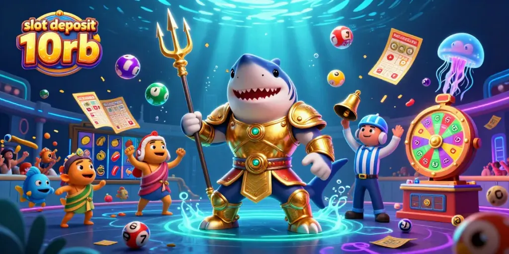 Engage with the thrilling scene of slot deposit 10rb featuring a tiger shark warrior amidst a vibrant casino spectacle.