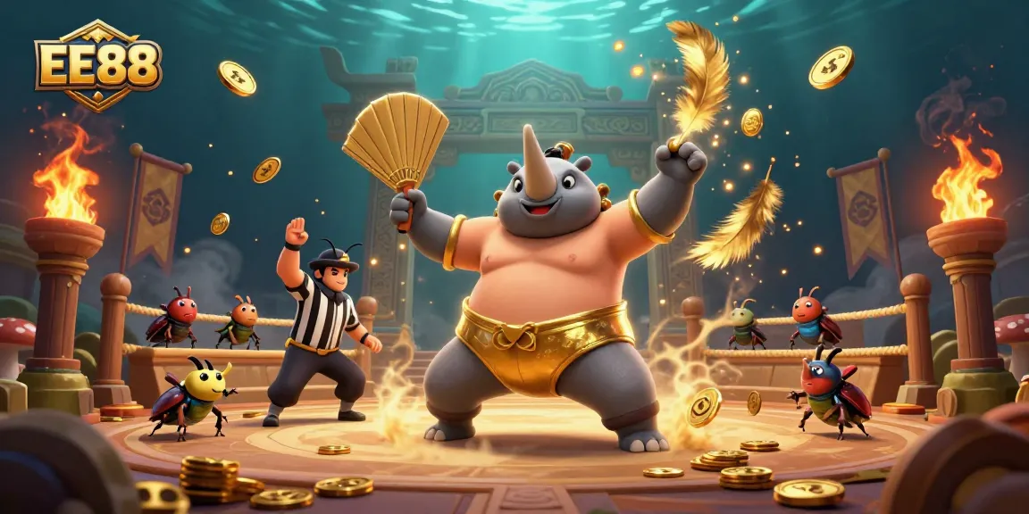 Bet on exciting games with EE88 as a rhinoceros beetle champion demonstrates winning techniques amidst golden coins and cheering fans.