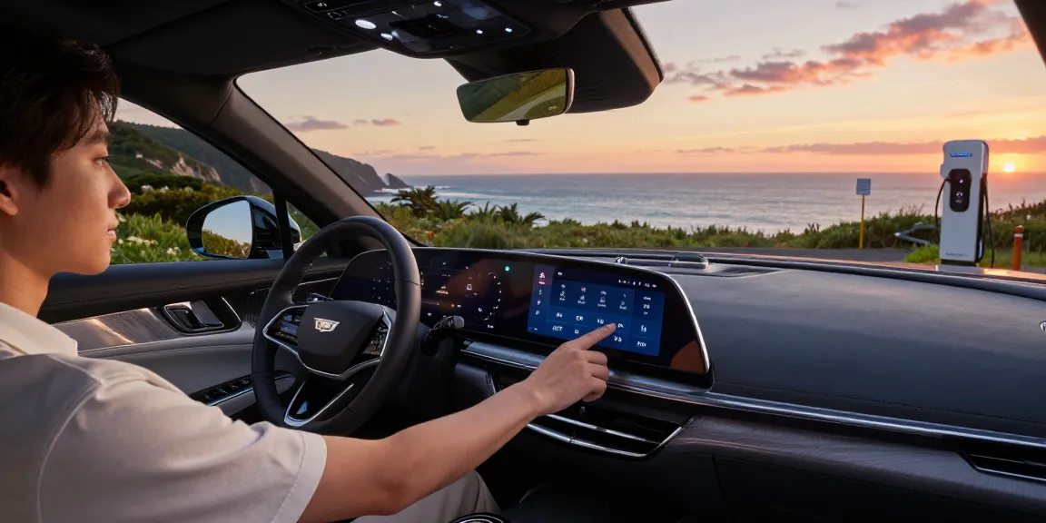 The driving modes in Cadillac Lyriq offer different ranges or battery usages? A driver exploring driving settings on the sleek car in a coastal sunset.