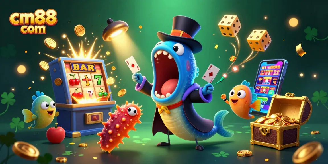 Watch cm88 com's vibrant scene of deep-sea creatures performing casino card tricks amidst festive gold.
