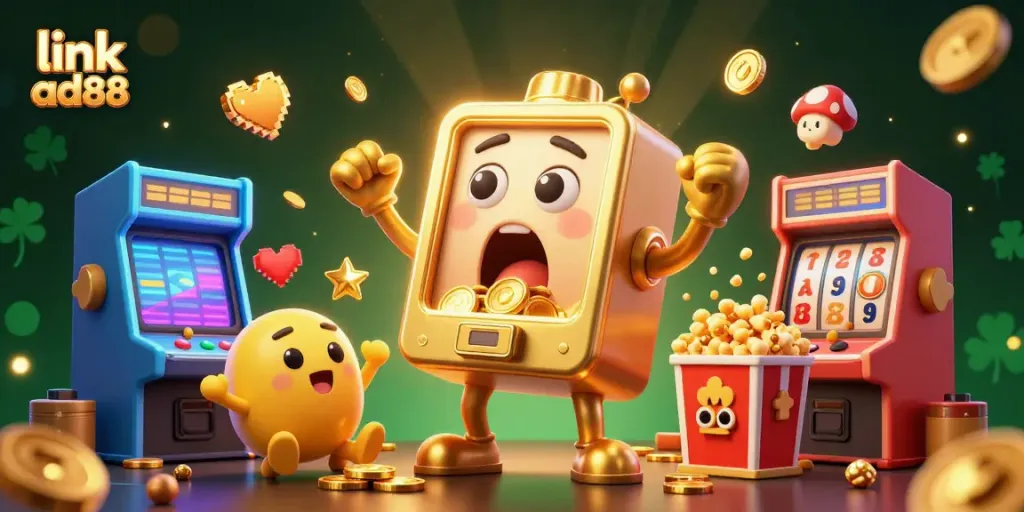 Engage with exciting casino action as the link ad88 slot machine celebrates a jackpot, surrounded by cheer from mini slot machines and vibrant gaming elements.