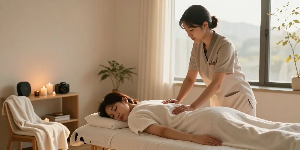 Client enjoying 화곡동출장마사지 in a serene home setting, warm lighting, and calming atmosphere.
