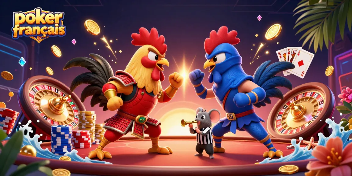 Illustration dynamique de poker français avec des coqs en combat animés, entourés de jetons et cartes