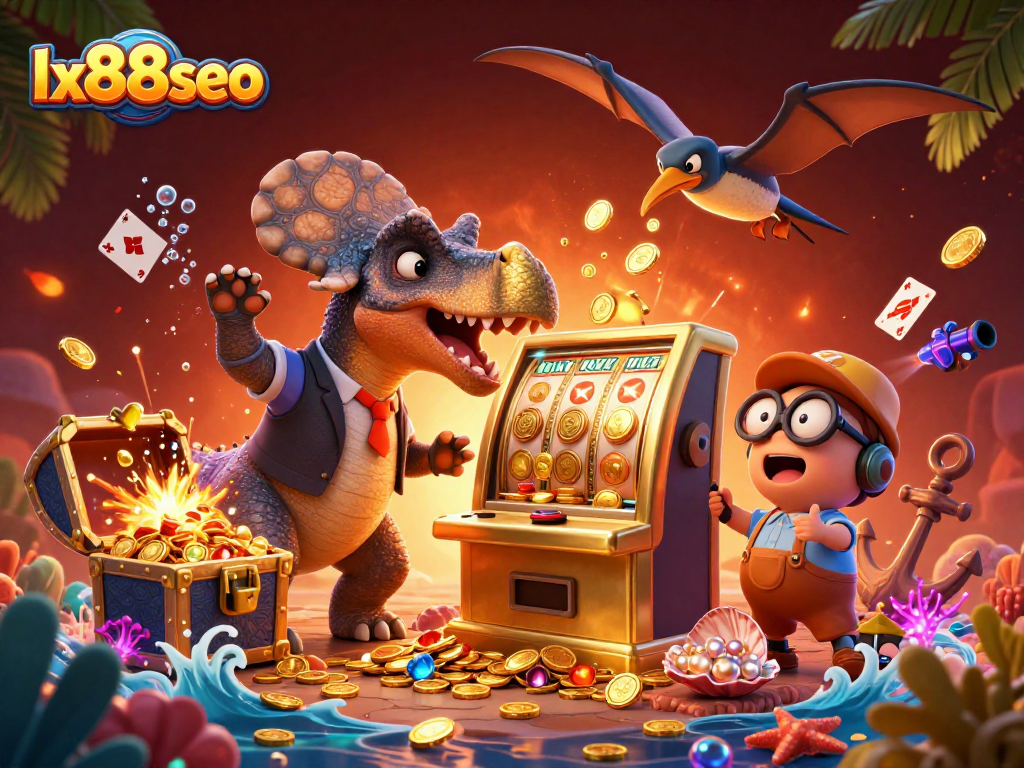 lx88seo thrills as a pachycephalosaurus wins jackpot coins from a golden slot machine.