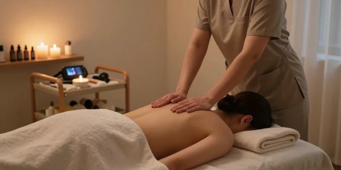 Enjoying professional 산본출장마사지 in a serene home setting, featuring a Korean masseuse providing relaxing care.