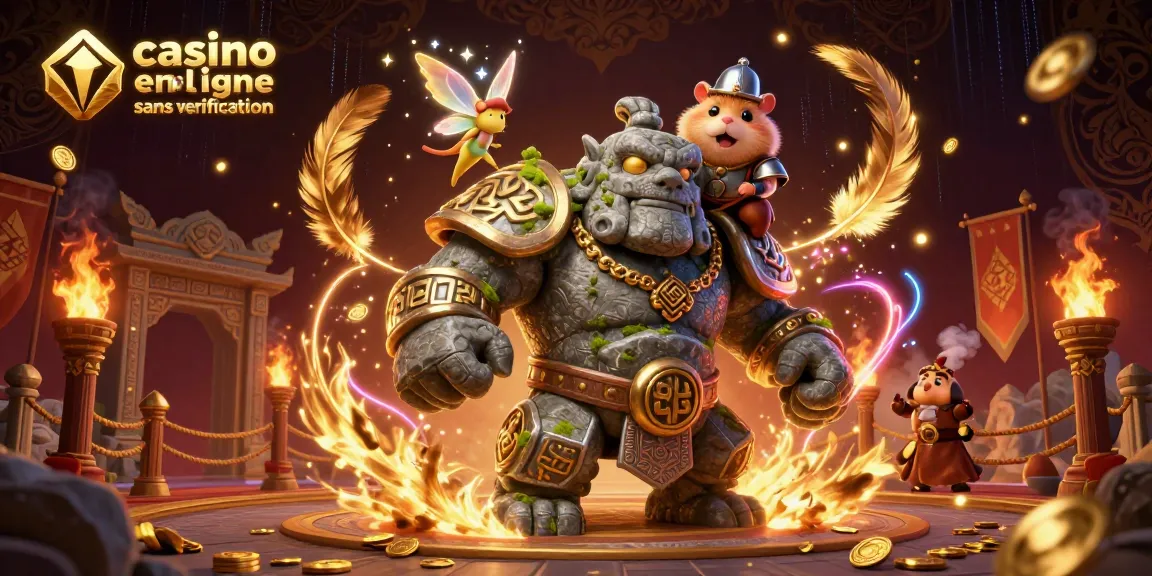 Plongez dans l'univers du casino en ligne sans vérification avec une illustration captivante d'un golem gardien et d'un hamster chevalier.