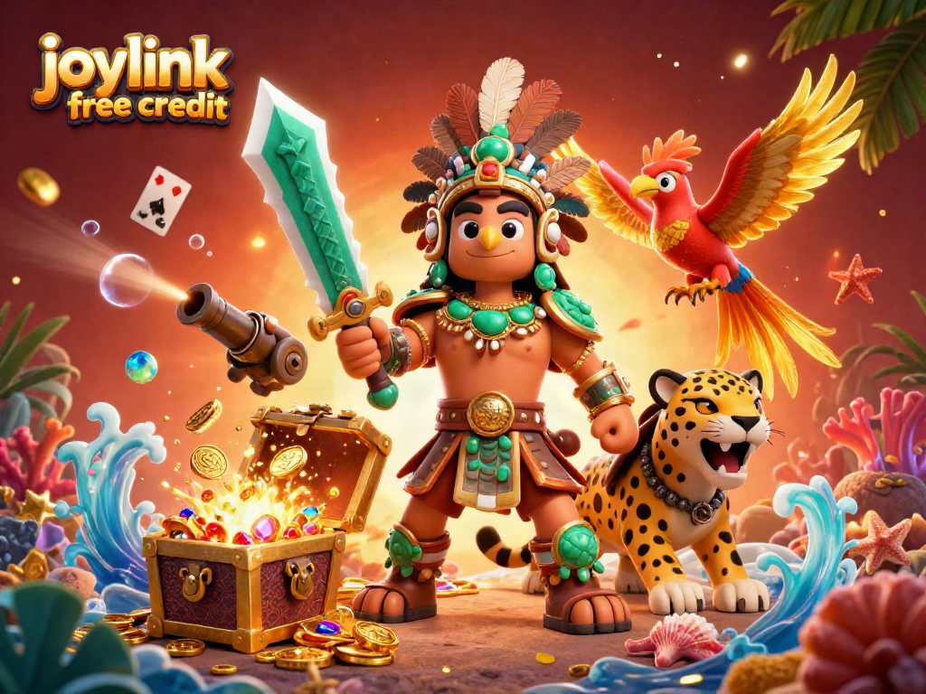 Engage with joylink free credit in this vibrant 3D casino scene featuring Aztec warriors and marine treasures.