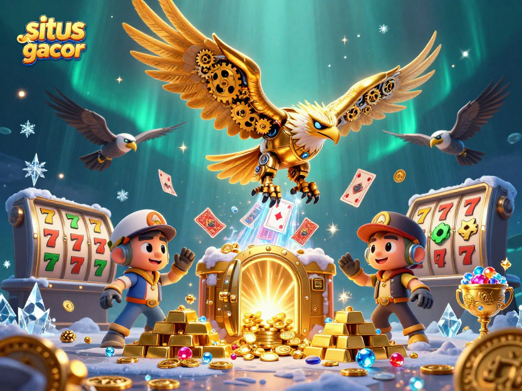 Experience situs slot gacor magic with a dazzling 3D casino adventure featuring an eagle amid golden treasures.