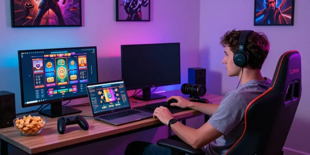 Exciting online slot gaming scene showcasing user interface and gaming setup.