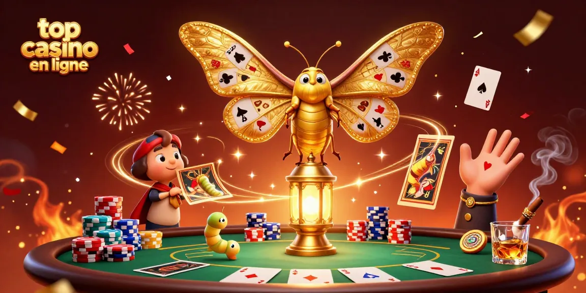 Illustration captivante du meilleur casino en ligne avec un papillon et des éléments de jeu.
