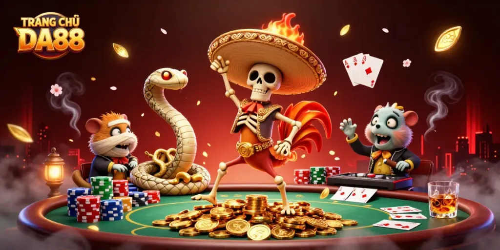 Experience excitement at TRANG CHỦ DA88 with a vibrant 3D casino scene featuring lively characters and game elements.