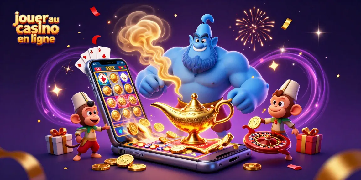 Jouer au casino en ligne avec un génie, un singe et des éléments de jeu colorés.