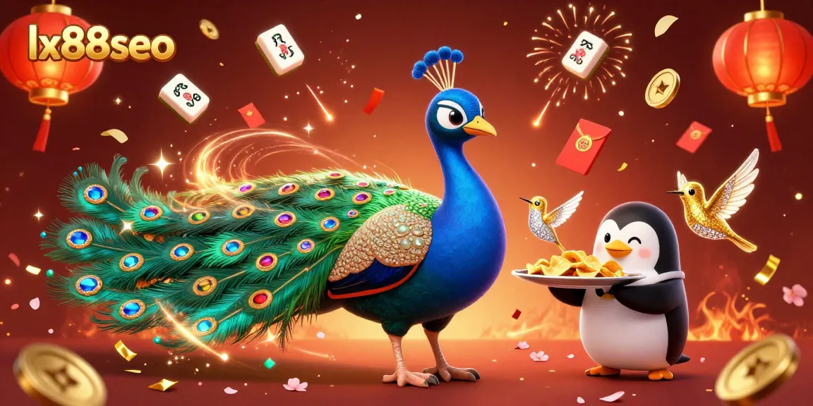 Play engaging games on lx88seo with the dazzling display of a peacock and golden winnings in an animated casino scene.
