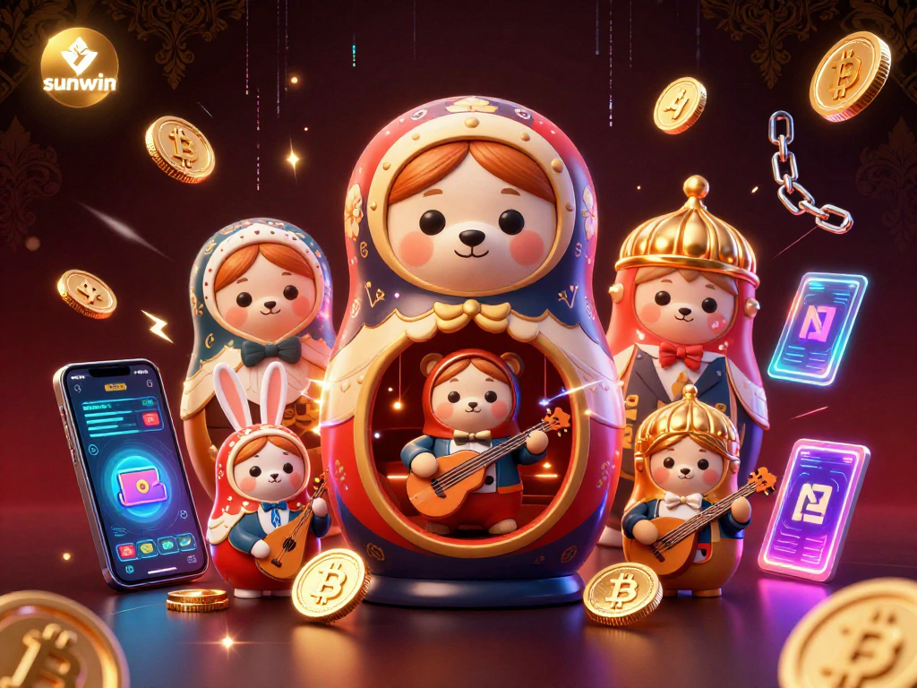 Win big with sunwin in this captivating 3D casino-themed illustration featuring vibrant characters and crypto elements.