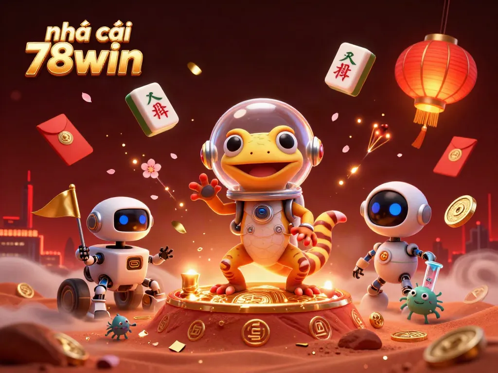 Experience the excitement of nhà cái 78win with a vibrant 3D casino scene featuring a Martian gecko and robot rover.