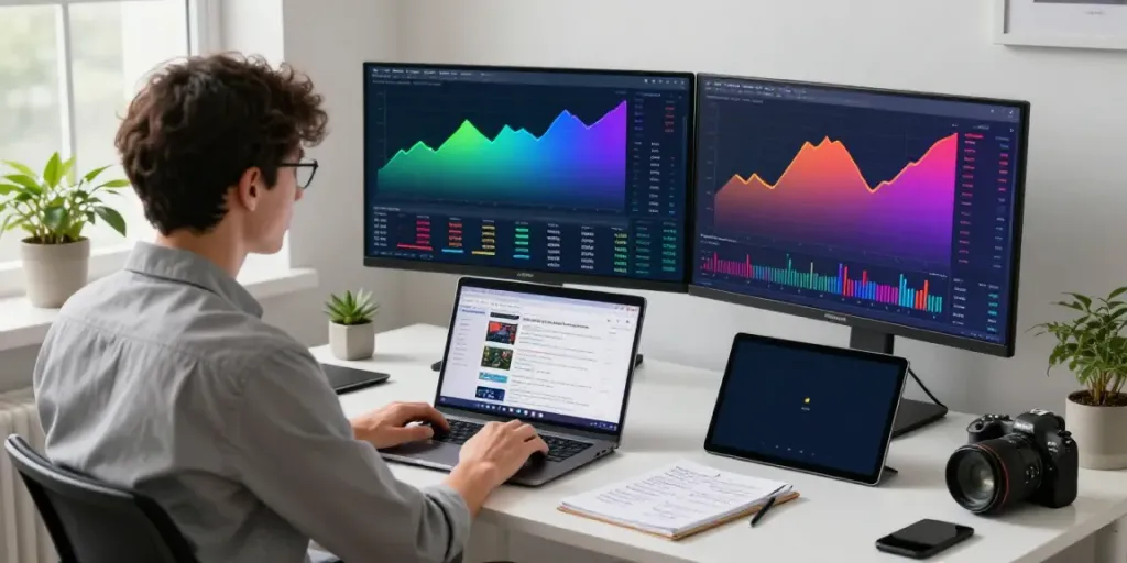 Trader utilizing TradingView to analyze market charts in a modern office workspace.