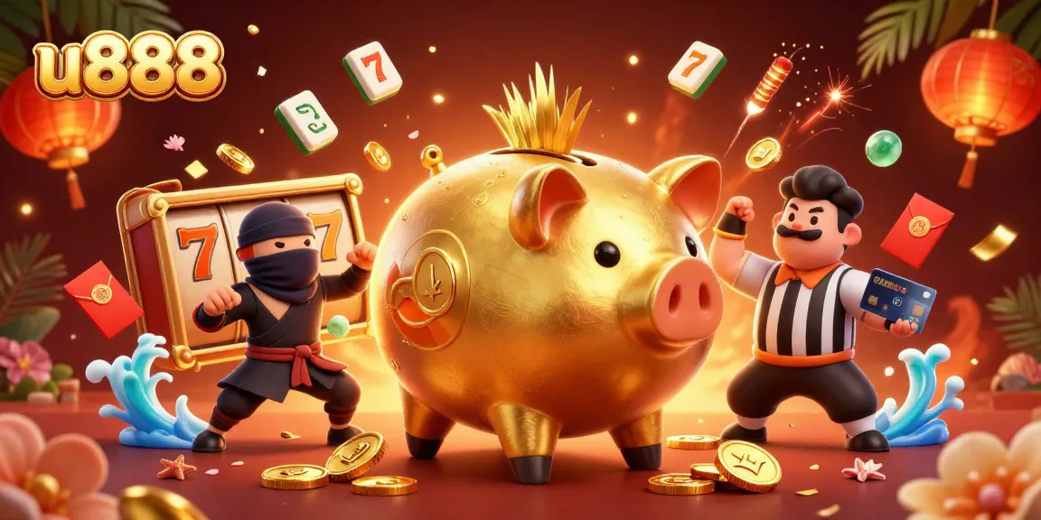 Experience dynamic gaming action with u888's piggy bank sumo wrestler and colorful casino elements.