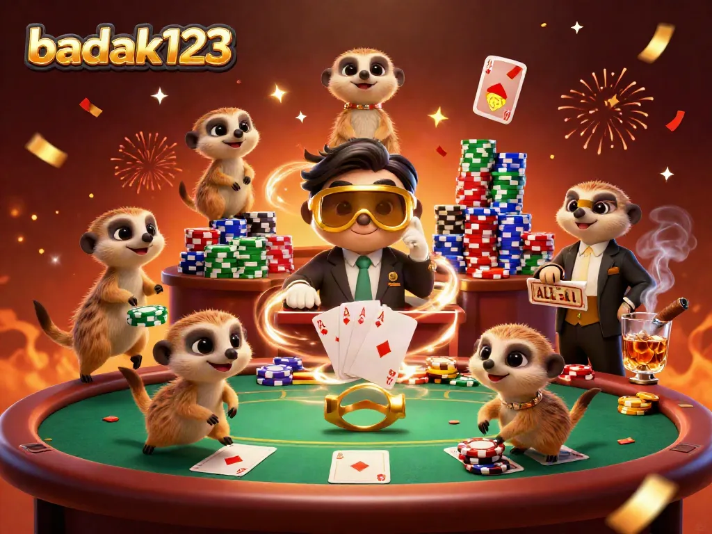 BADAK123 mengawasi permainan kasino dengan karakter meerkat yang menghibur.