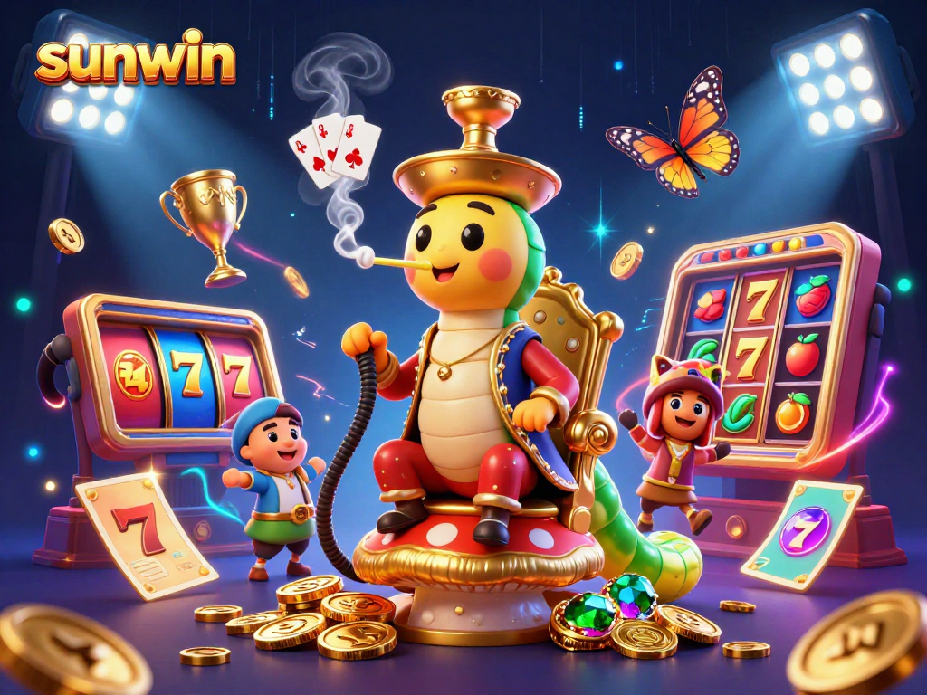 Experience the excitement of sunwin with a vibrant slot-themed casino illustration featuring dynamic elements.
