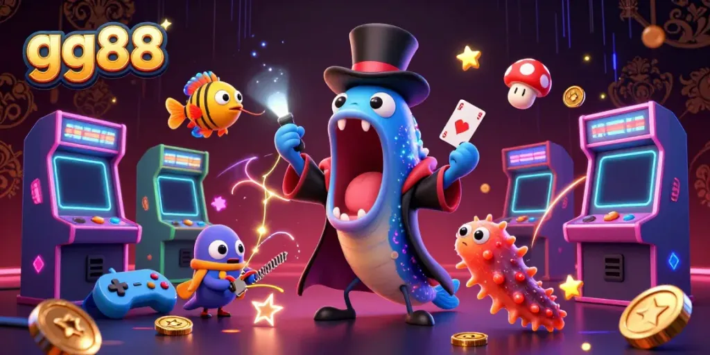 Experience exciting game strategies with gg88 in an animated casino-themed illustration.