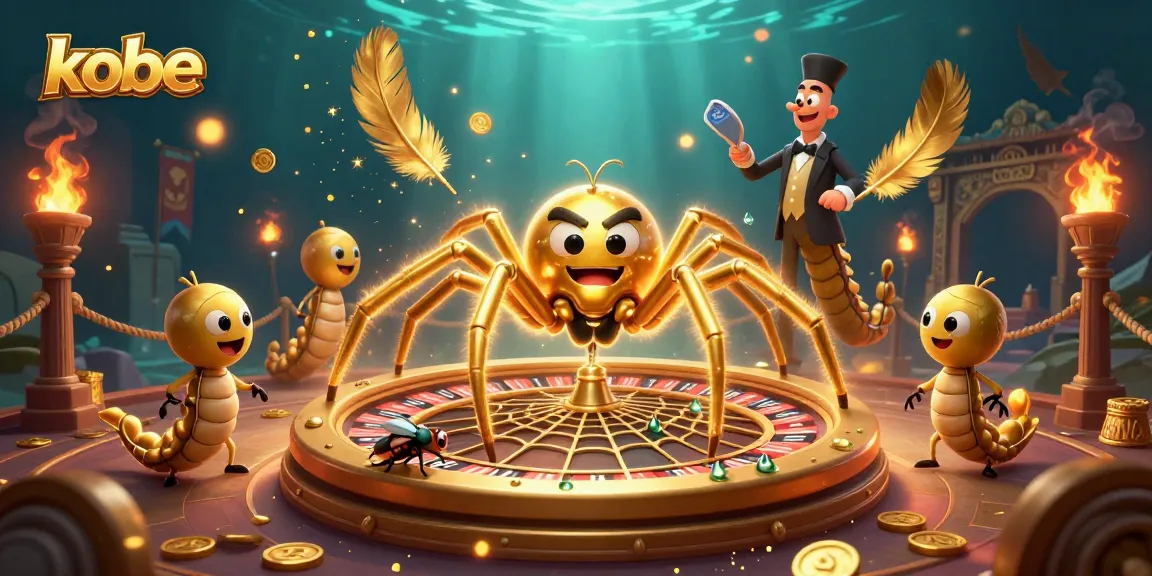 Kobe golden spider spins roulette wheel web while a nervous fly bets in a rich casino scene