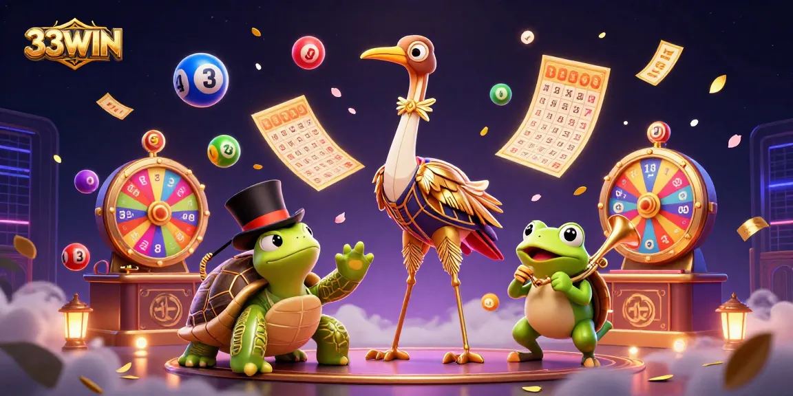 Experience thrilling excitement with 33WIN as colorful lottery balls bounce around a vibrant casino scene.