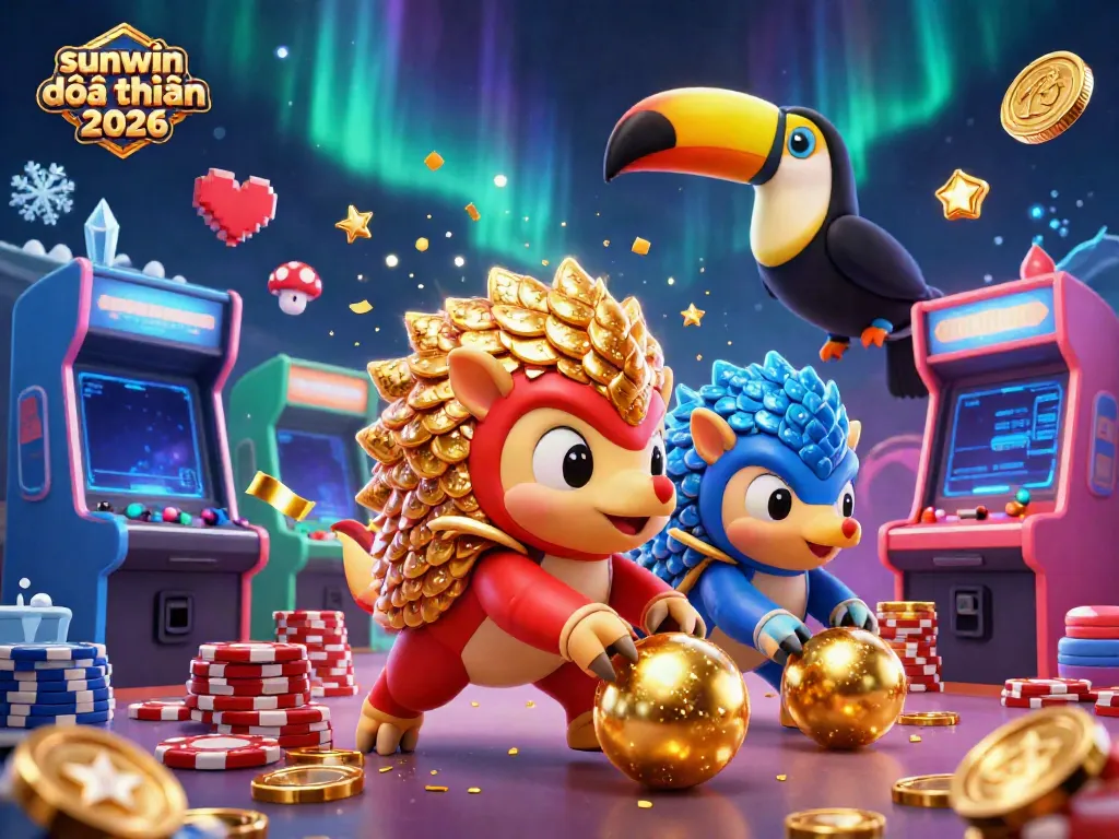 Experience the thrill of sunwin đổi thưởng 2026 in this vibrant casino scene with animated pangolins and arcade action!