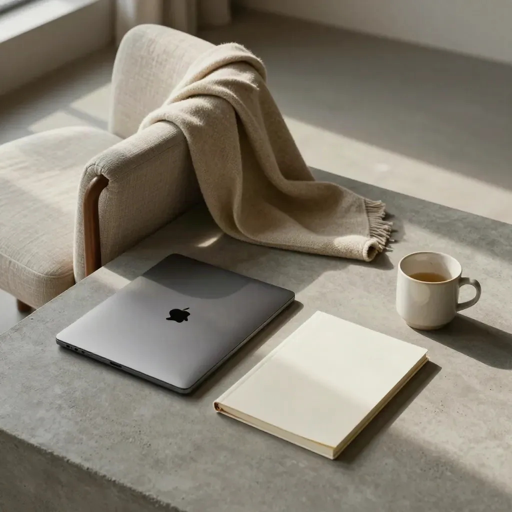 Overhead quiet-room flatlay with chair, throw, laptop, notebook, and mug on dove-gray concrete.