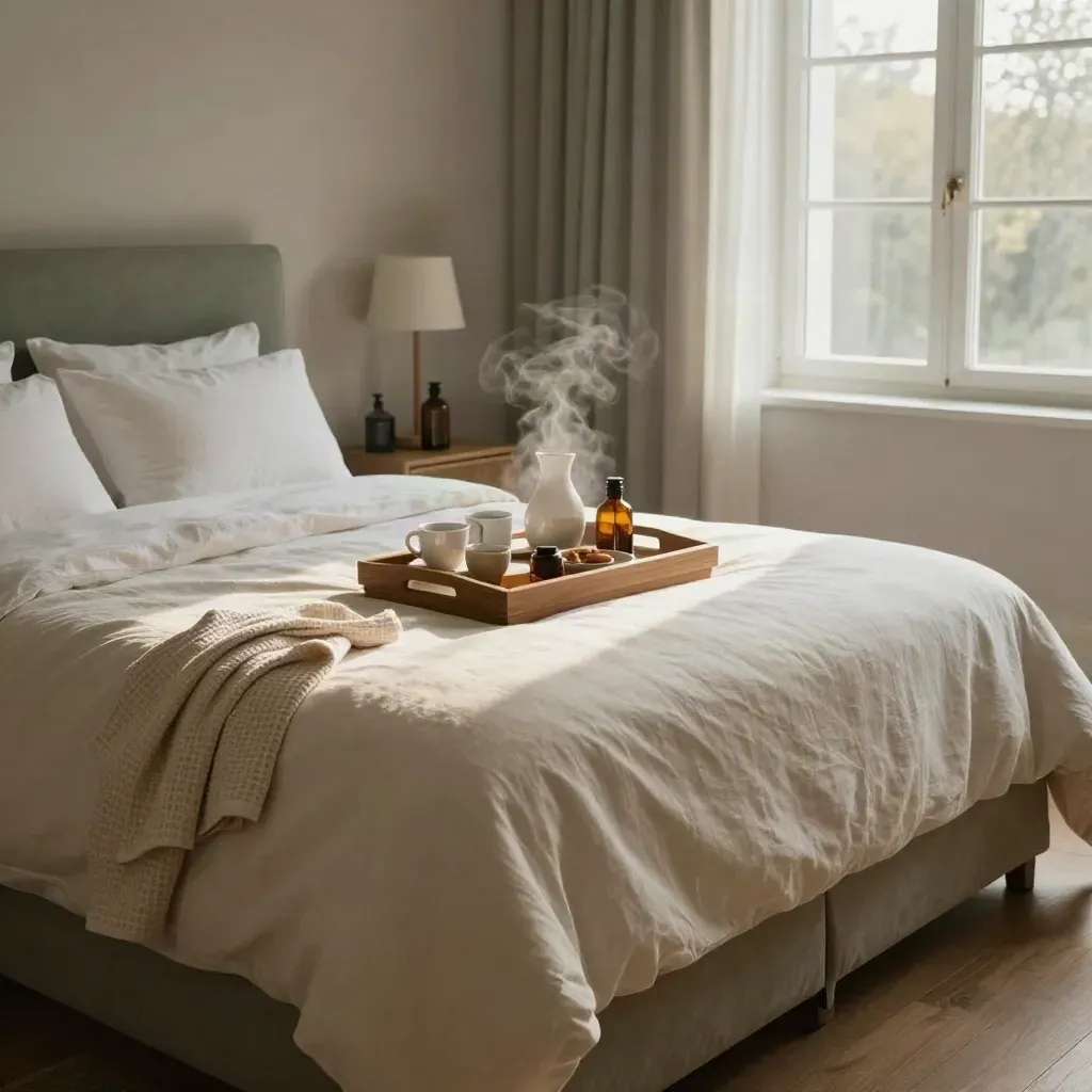 Boutique king bed with breakfast tray, robe and bath ritual in soft morning light