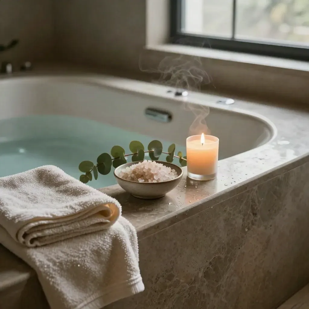 Bath salts, towel, eucalyptus and candle by a stone tub with steam rising in dim light.