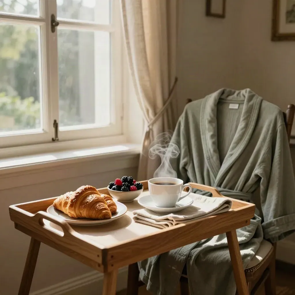 Breakfast tray by a wide window with croissants, berries, coffee, and a folded robe in soft morning light.